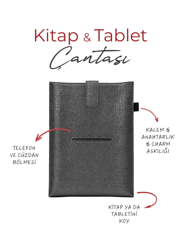 Yeni Nesil Kitap ve Tablet Çantası - Özel Deri Dokulu (ANTRASİT)